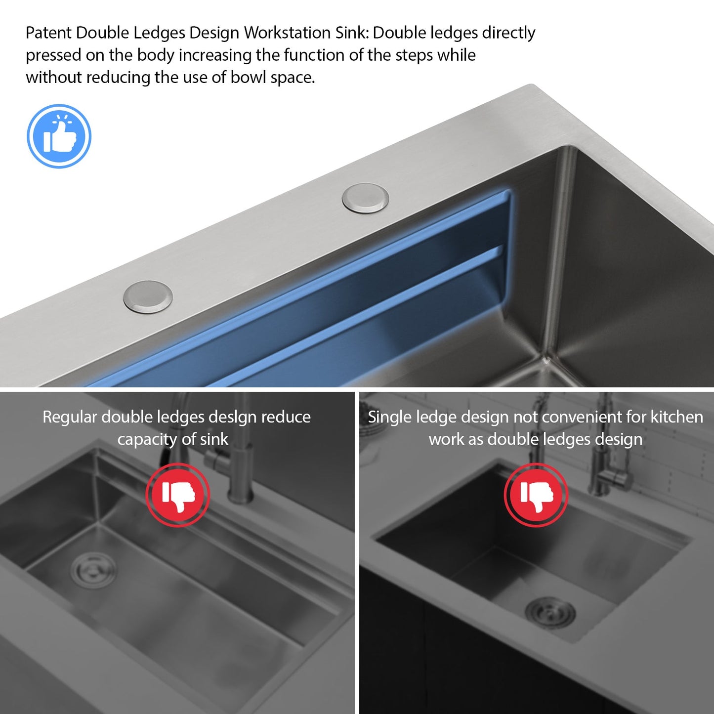 Lordear 33x22 Inch Drop In Patent Double Ledges Design Workstation Sink from Lordear