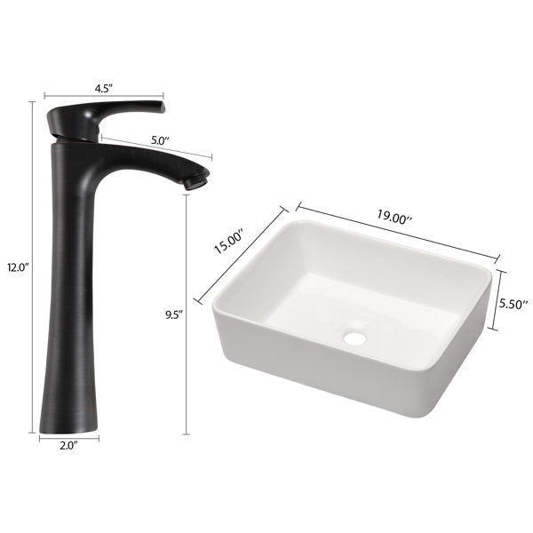19in x 15in Bathroom Vessel Sink White Ceramic Rectangle Bathroom Sink White Vessel Sink with Faucet from Lordear
