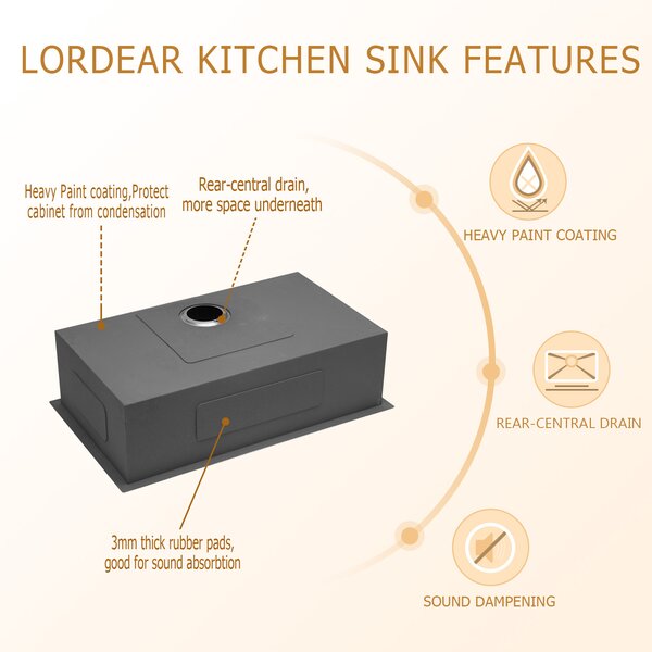 26in L x 18in W Undermount Kitchen Sink 16 Gauge Stainless Steel Kitchen Sink with Drain Assembly from Lordear