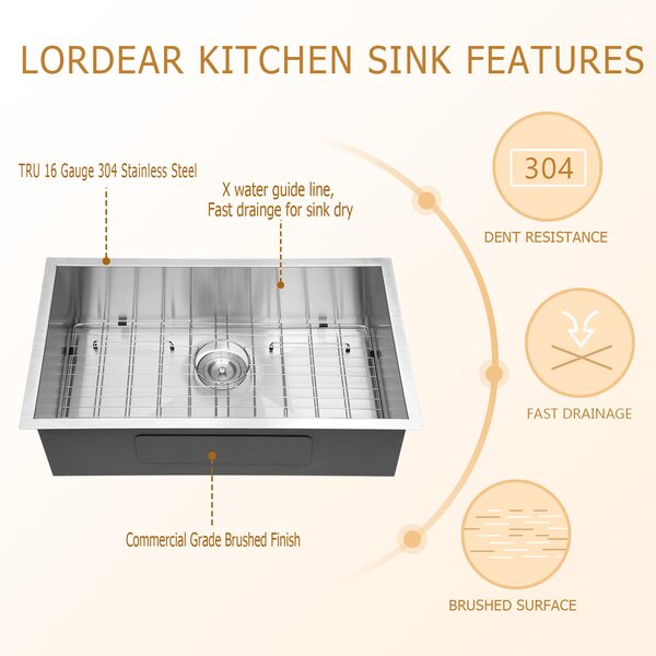 26in L x 18in W Undermount Kitchen Sink 16 Gauge Stainless Steel Kitchen Sink with Drain Assembly from Lordear