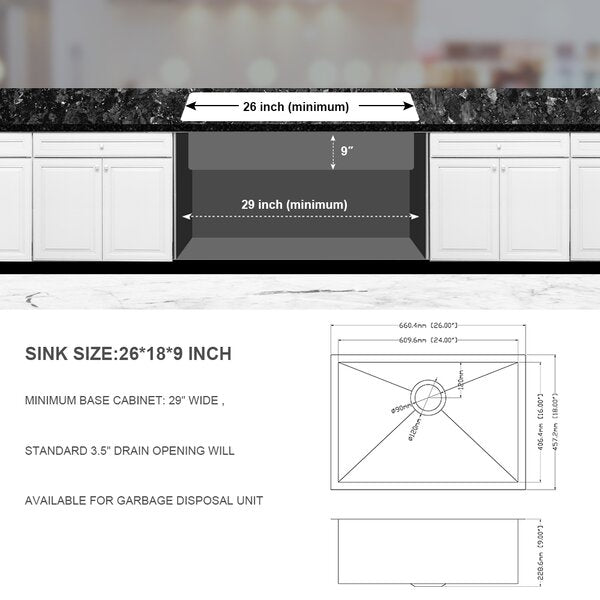 26in L x 18in W Undermount Kitchen Sink 16 Gauge Stainless Steel Kitchen Sink with Drain Assembly from Lordear