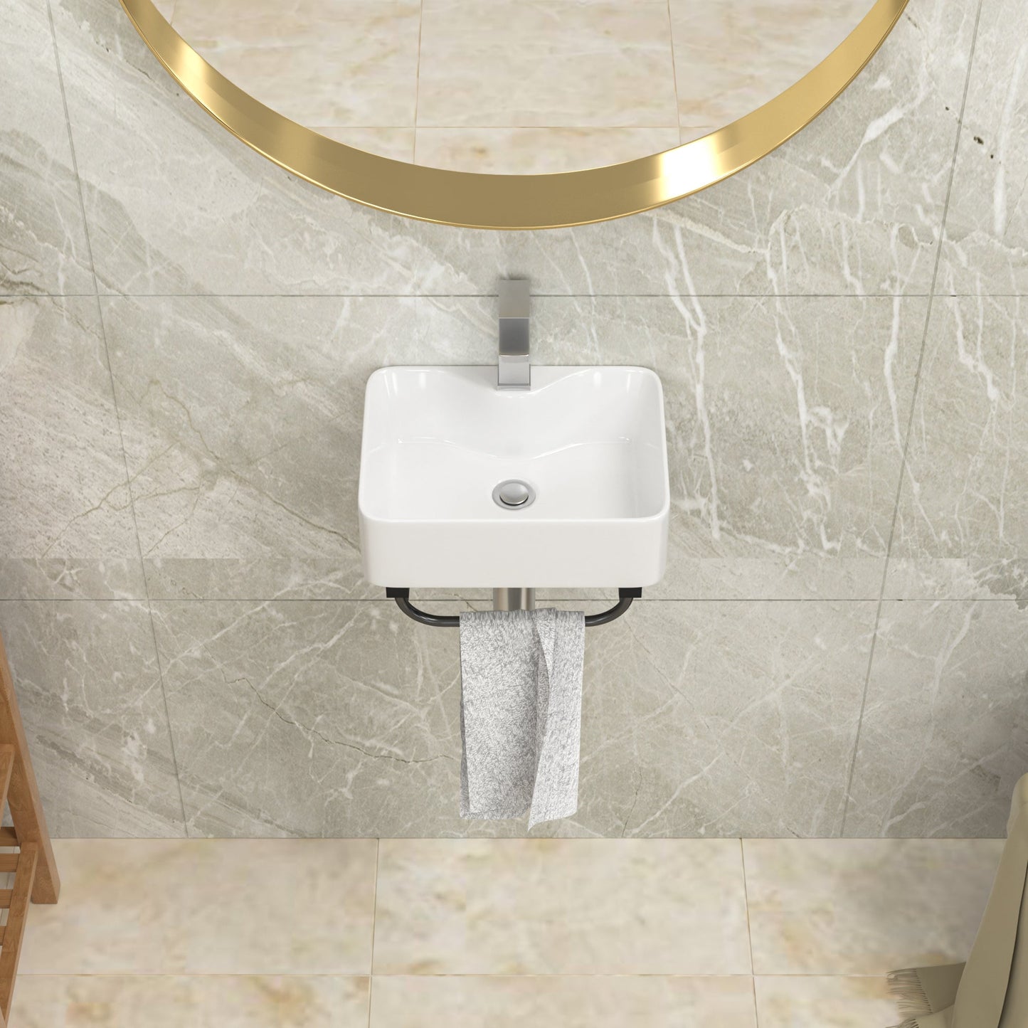 Lordear 16" x 12" White Ceramic Wall Mounted Bathroom Sink with Towel Rack from Lordear