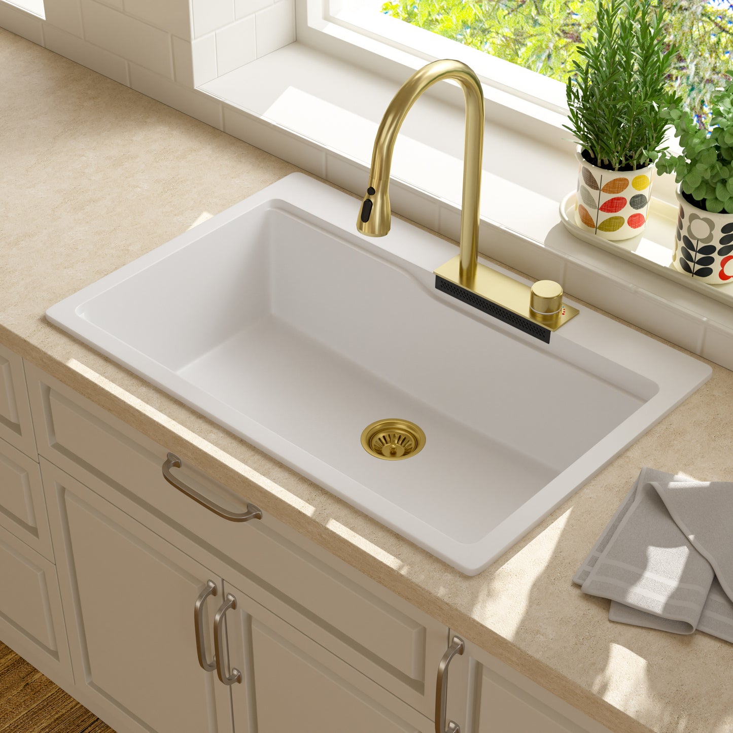 Lordear 33" × 22" Quartz Drop-in Waterfall Single Bowl Workstation Kitchen Sink from Lordear
