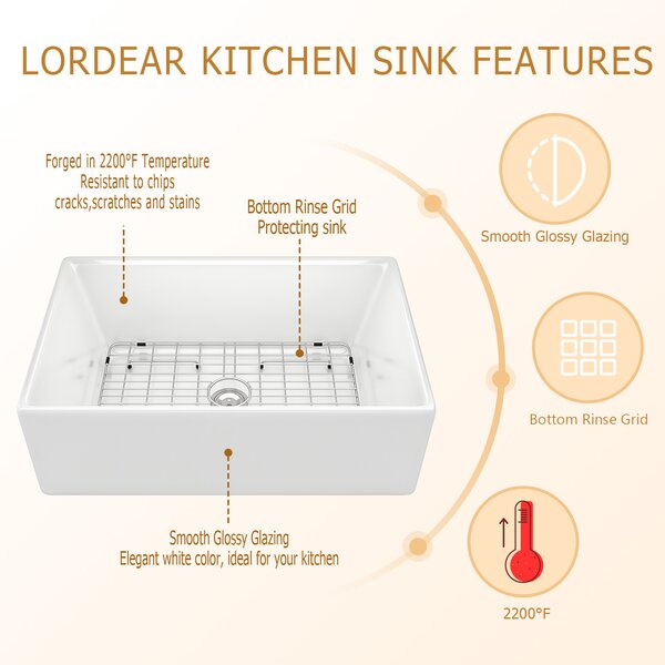 Lordear 30" Ceramic Fireclay Porcelain Apron-Front Single Bowl Farm Kitchen Sink from Lordear