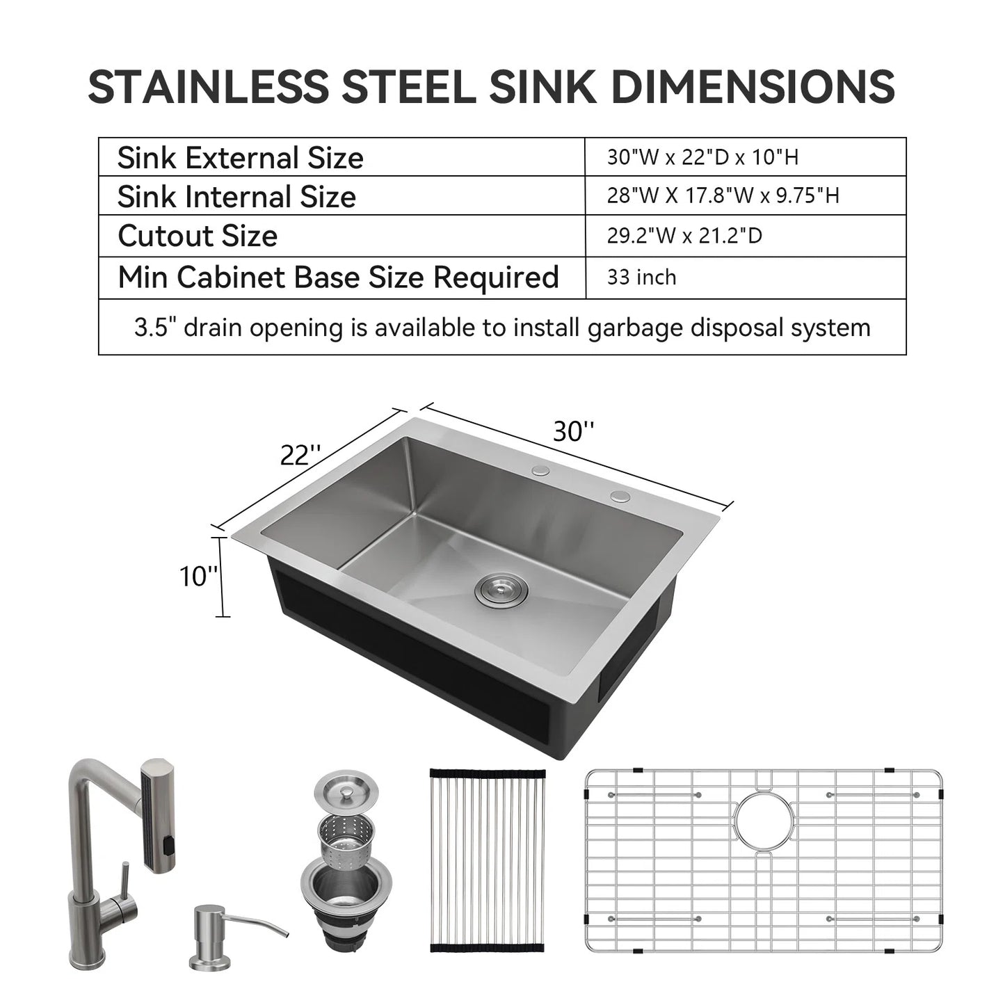33in L x 22in W Drop In Kitchen Sink with Pull-out Faucet 16 Gauge Stainless Steel Topmount Single Bowl Sink from Lordear