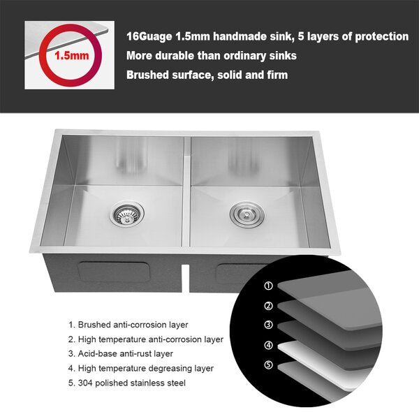33in L Undermount Double Bowl Stainless Steel Kitchen Sink from Lordear