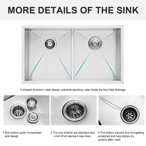 33in L Undermount Double Bowl Stainless Steel Kitchen Sink from Lordear