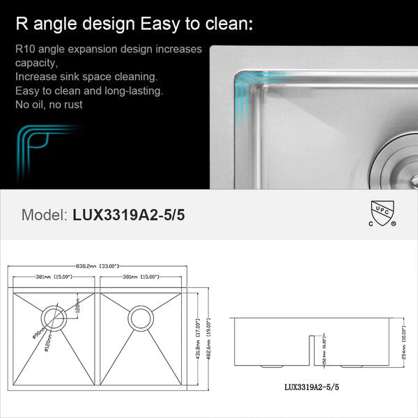 33in L Undermount Double Bowl Stainless Steel Kitchen Sink from Lordear