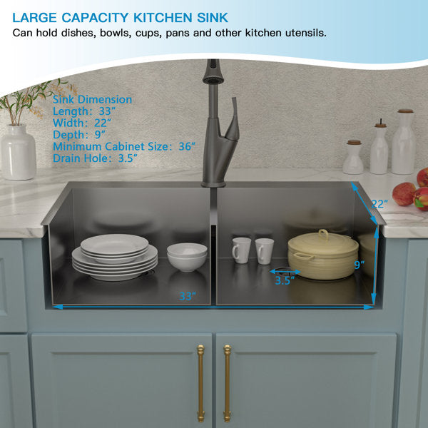 Lordear 33" L x 22" W Stainless Steel Topmount 50/50 Double Bowl Kitchen Sink from Lordear
