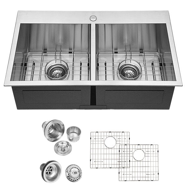 33in L x 22in W Drop-in Double Bowl 50/50 Sink 16 Gauge Stainless Steel Kitchen Sink Topmount Sink-Stainless Steel from Lordear