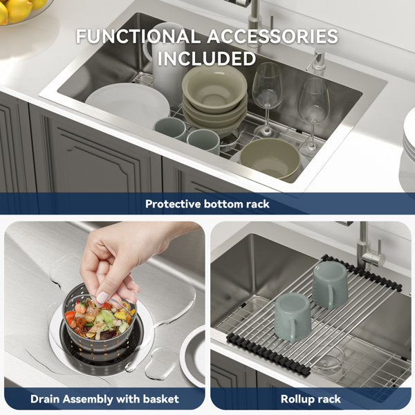 33in L x 22in W Drop In Kitchen Sink with Pull-out Faucet 16 Gauge Stainless Steel Topmount Single Bowl Sink from Lordear