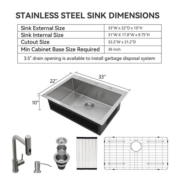 33in L x 22in W Drop In Kitchen Sink with Pull-out Faucet 16 Gauge Stainless Steel Topmount Single Bowl Sink from Lordear