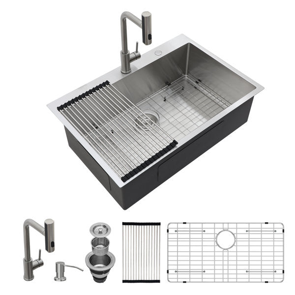 33in L x 22in W Drop In Kitchen Sink with Pull-out Faucet 16 Gauge Stainless Steel Topmount Single Bowl Sink from Lordear