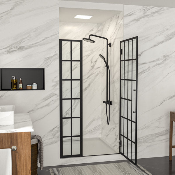 Lordear Tempered Glass Frameless Matte Black Checkered Shower Door from Lordear