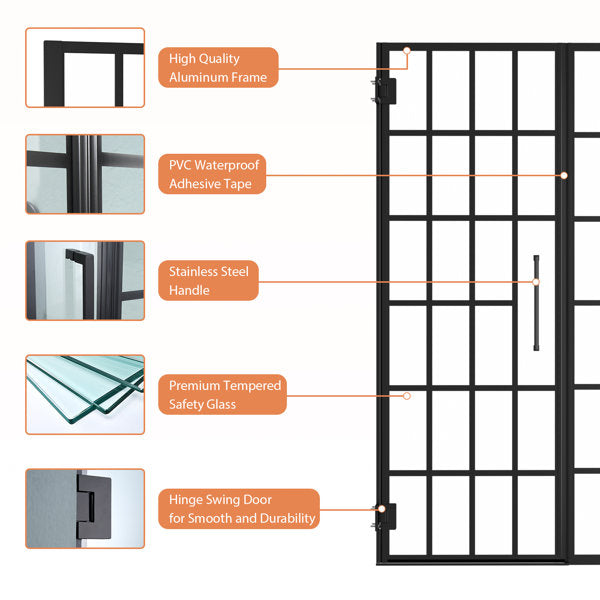 Lordear Tempered Glass Frameless Matte Black Checkered Shower Door from Lordear