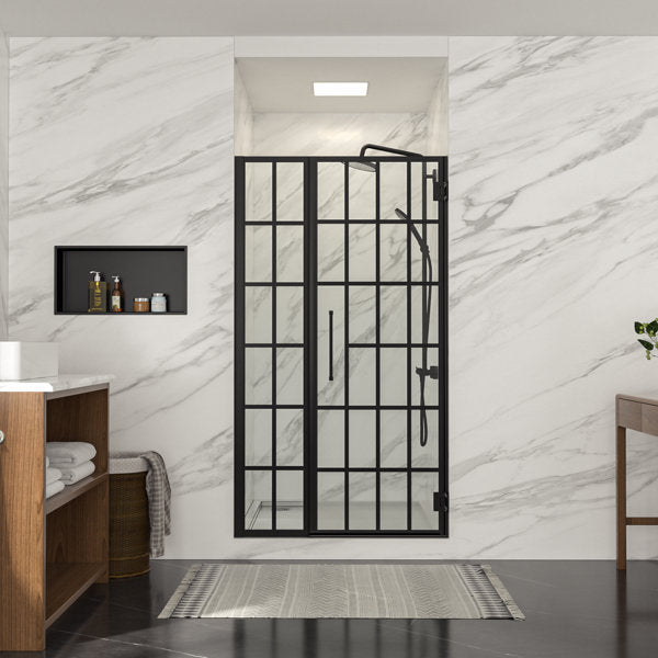 Lordear Tempered Glass Frameless Matte Black Checkered Shower Door from Lordear
