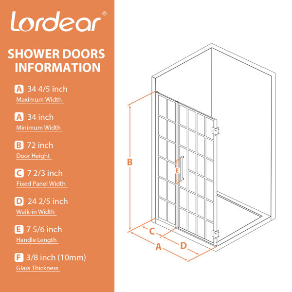 Lordear Tempered Glass Frameless Matte Black Checkered Shower Door from Lordear