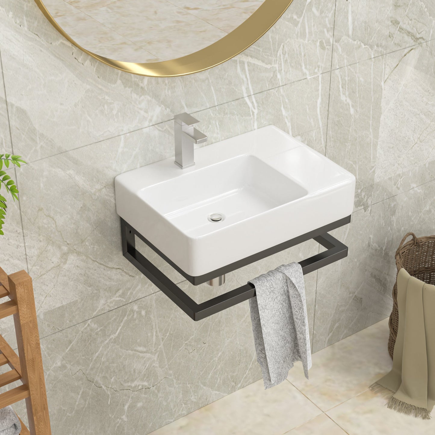 Lordear 23.25" x 16.5" White Ceramic Wall Mounted Bathroom Sink with Towel Rack from Lordear