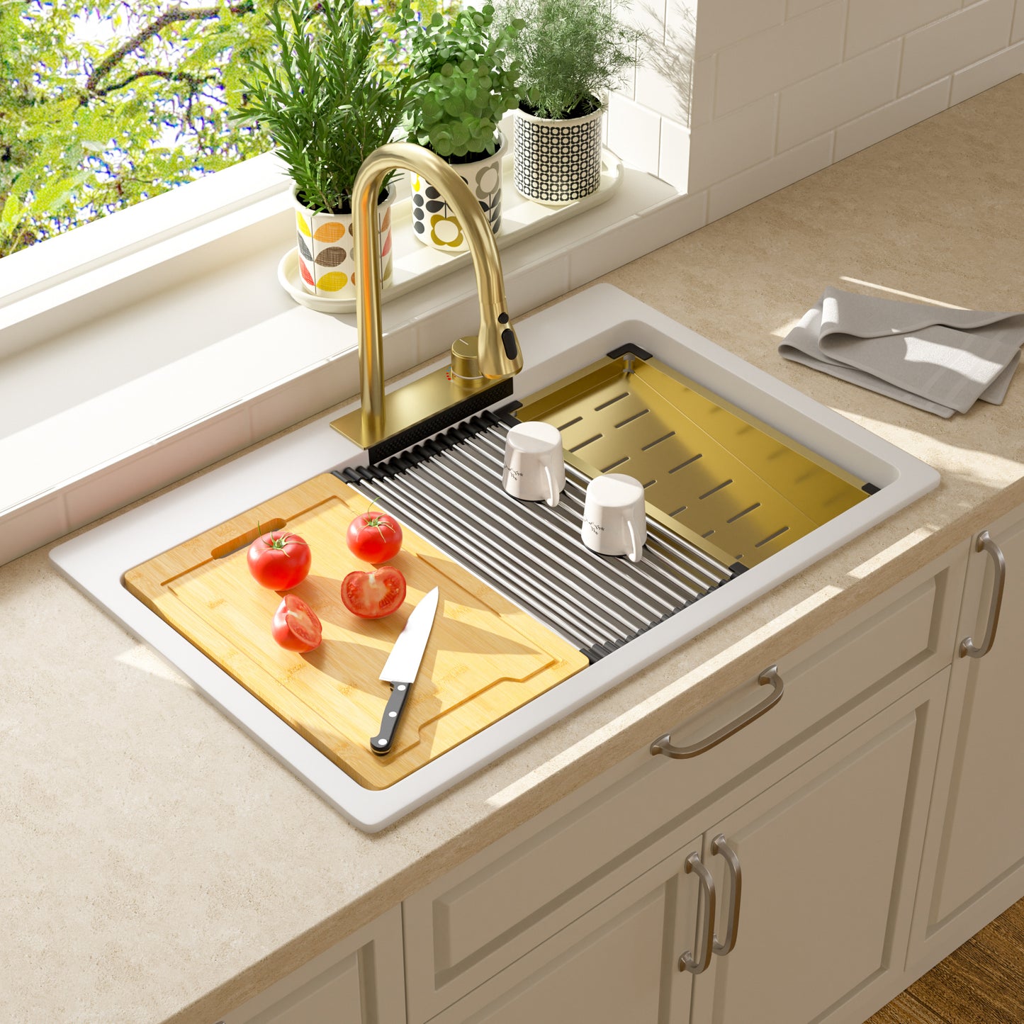 Lordear 33" × 22" Quartz Drop-in Waterfall Single Bowl Workstation Kitchen Sink from Lordear