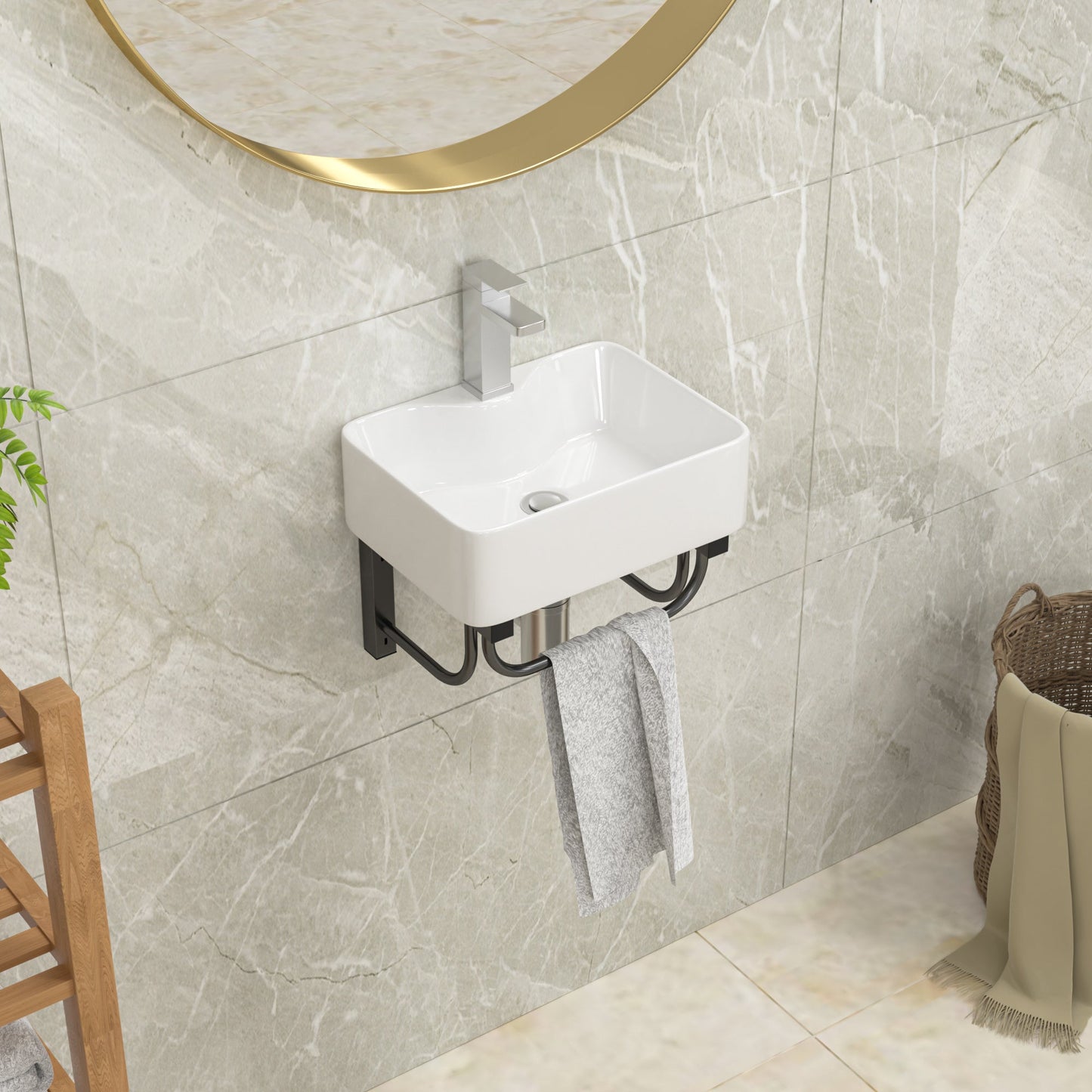 Lordear 16" x 12" White Ceramic Wall Mounted Bathroom Sink with Towel Rack from Lordear