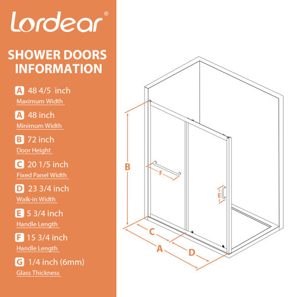 48in W x 72in H Frameless Bypass Sliding Shower DoorBathroom Tempered Glass Shower Door with Handle-Brushed Nickel from Lordear