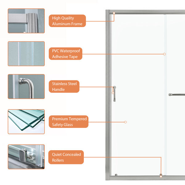 48in W x 72in H Frameless Bypass Sliding Shower DoorBathroom Tempered Glass Shower Door with Handle-Brushed Nickel from Lordear