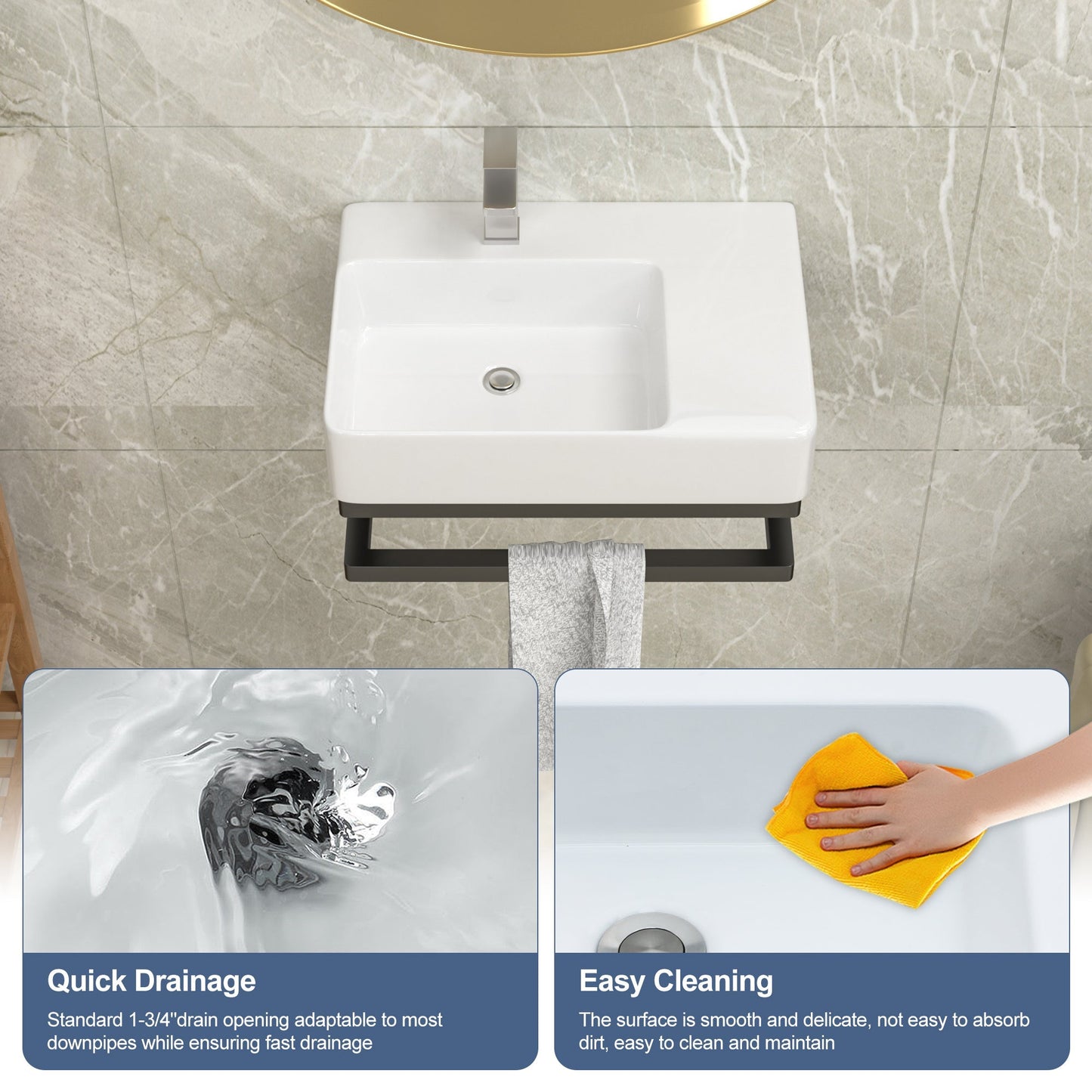 Lordear 23.25" x 16.5" White Ceramic Wall Mounted Bathroom Sink with Towel Rack from Lordear