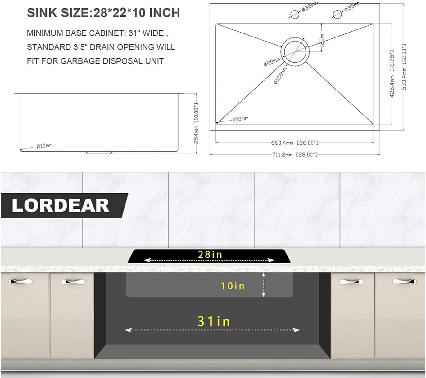 Lordear Stainless Steel Drop-In Single Bowl Kitchen Sink from Lordear