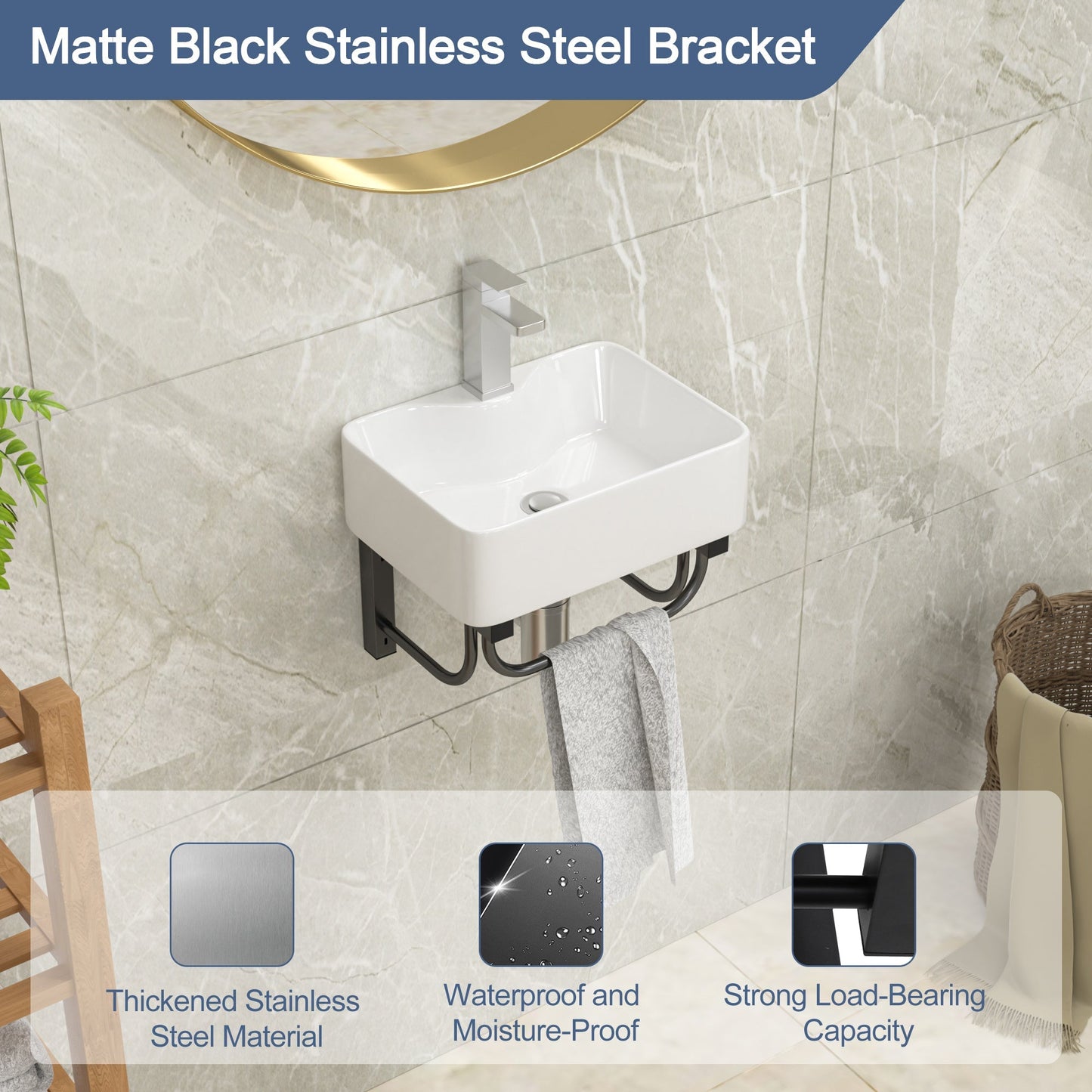 Lordear 16" x 12" White Ceramic Wall Mounted Bathroom Sink with Towel Rack from Lordear
