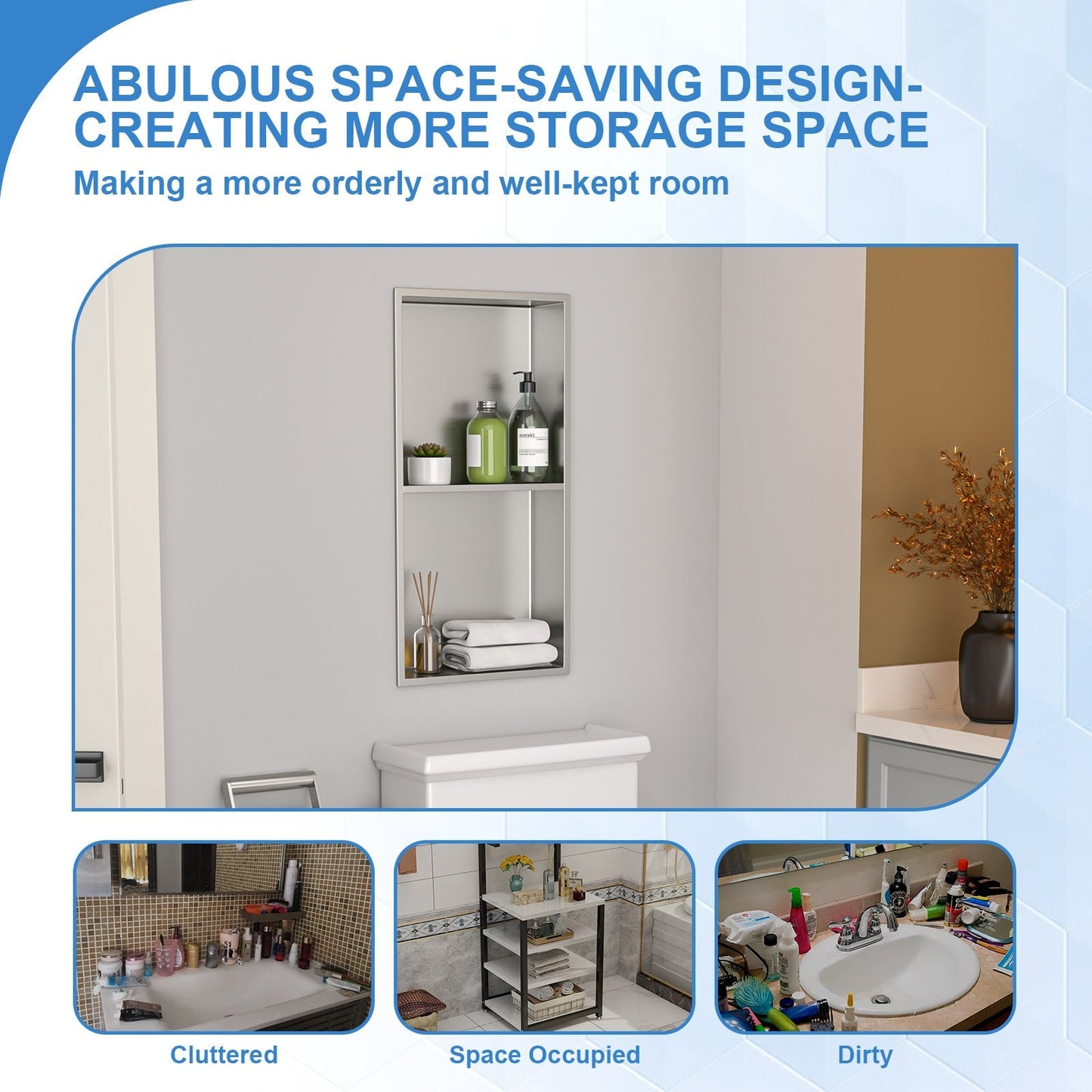 Lordear 12" W x 24" H Stainless Steel Built-in Double Shelf Bathroom Niche from Lordear