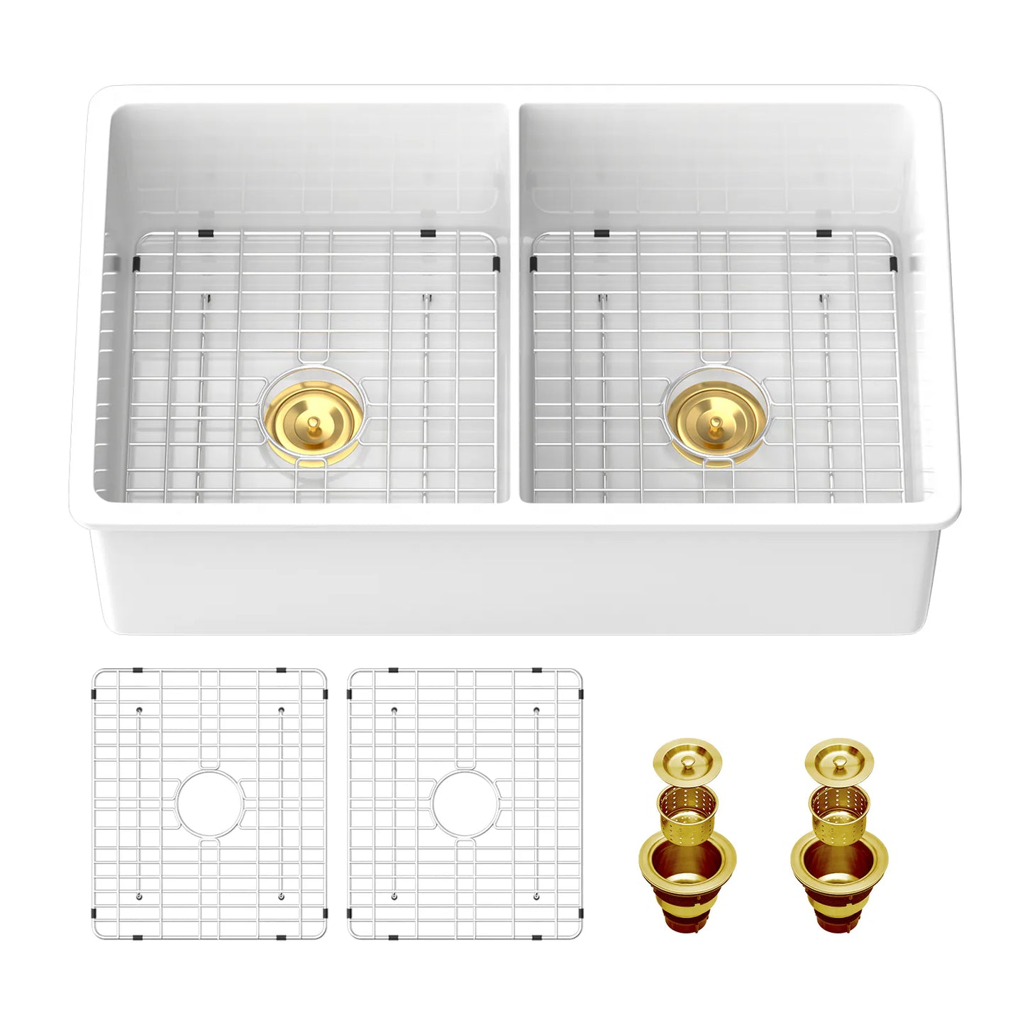 Lordear 32"x19" White Fireclay Porcelain Ceramic 50/50 Double Bowl Undermount Kitchen Sink from Lordear