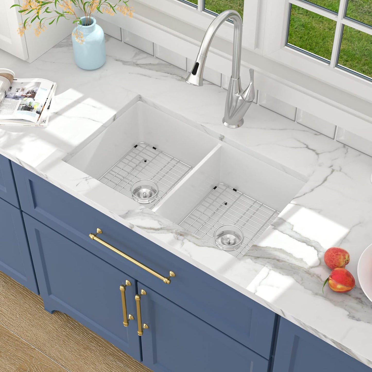 Lordear 32"x19" White Fireclay Porcelain Ceramic 50/50 Double Bowl Undermount Kitchen Sink from Lordear