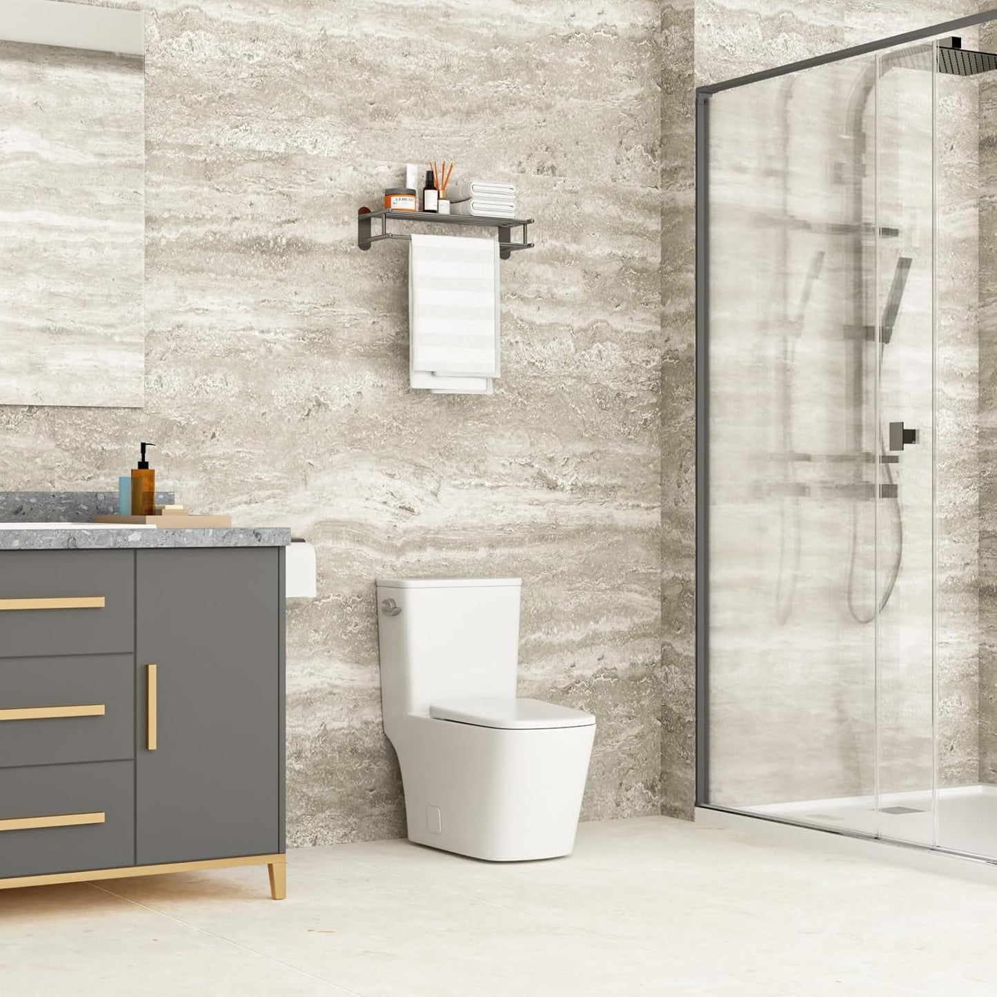 Lordear One Piece Elongated Toilet with Comfortable Seat Height Single Flush Power Flush 1.28 GPF 12in Rough-In Glossy White from Lordear