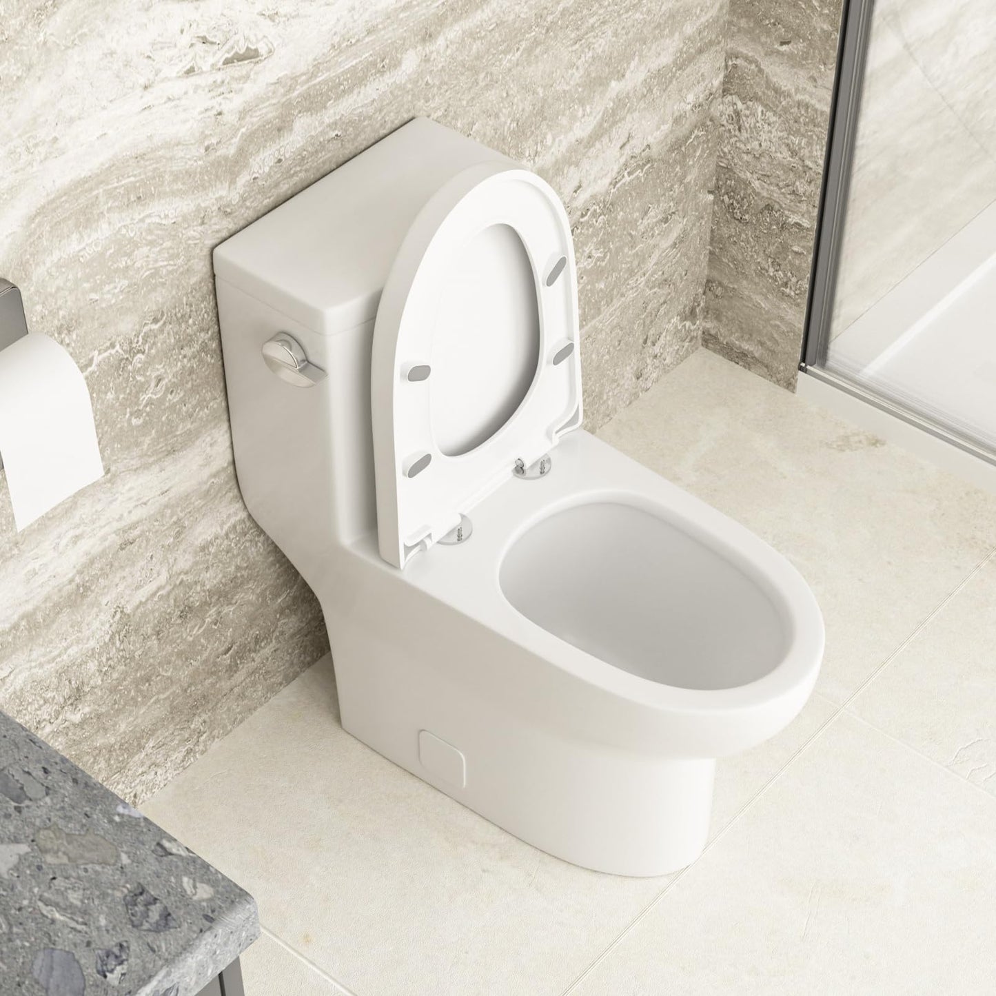 Lordear Elongated One Piece Toilet White with Soft Seat Height 17.5in Single Power Flush 1.28 GPF 12in Rough-In Toilet Bowl from Lordear