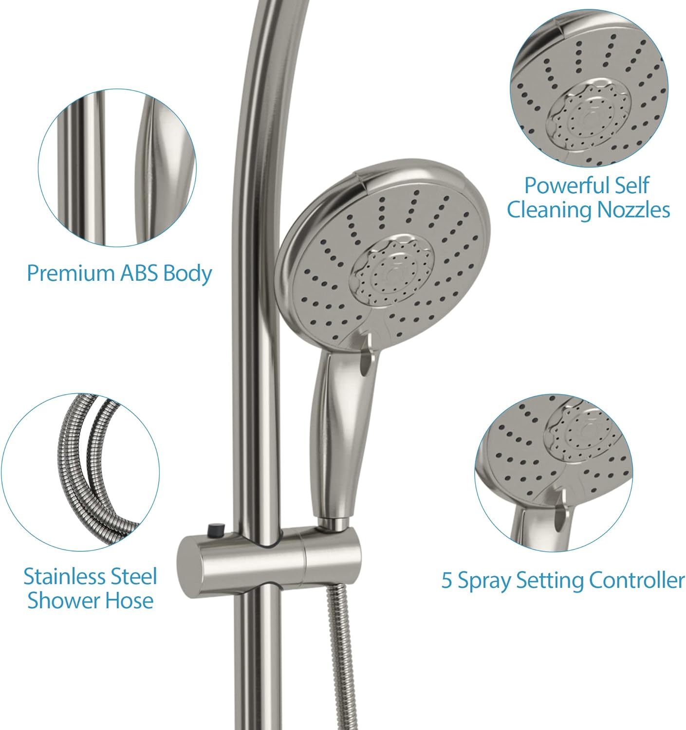 Lordear Rain Shower Head Combo with Handheld Spray 5-Setting Dual Rain Hotel Spa Shower System 3-Way Diverter Adjustable Sliding Bar Brushed Nickel from Lordear
