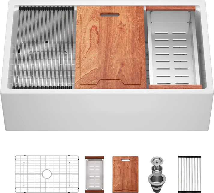 Lordear 33" White Ceramic Apron Front Farmhouse Workstation Kitchen Sinks from Lordear