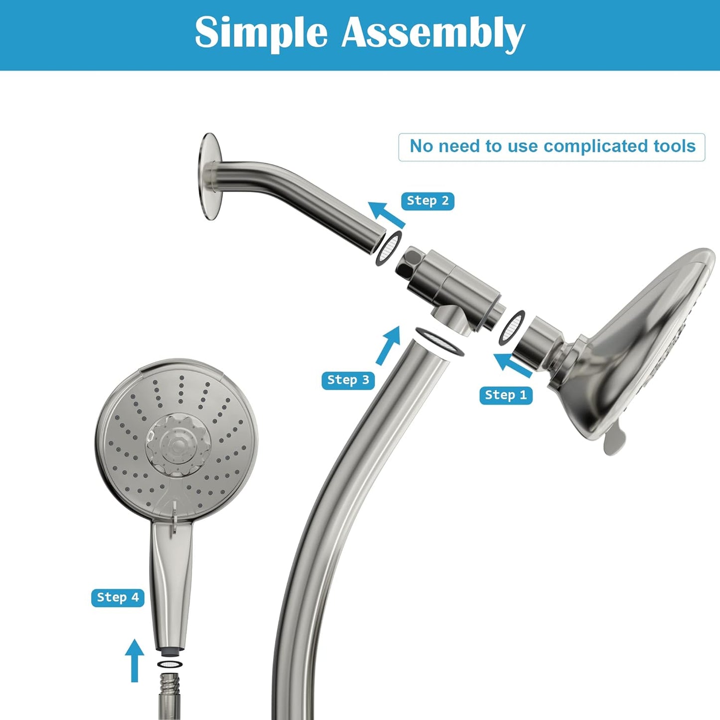 Lordear Rain Shower Head Combo with Handheld Spray 5-Setting Dual Rain Hotel Spa Shower System 3-Way Diverter Adjustable Sliding Bar Brushed Nickel from Lordear