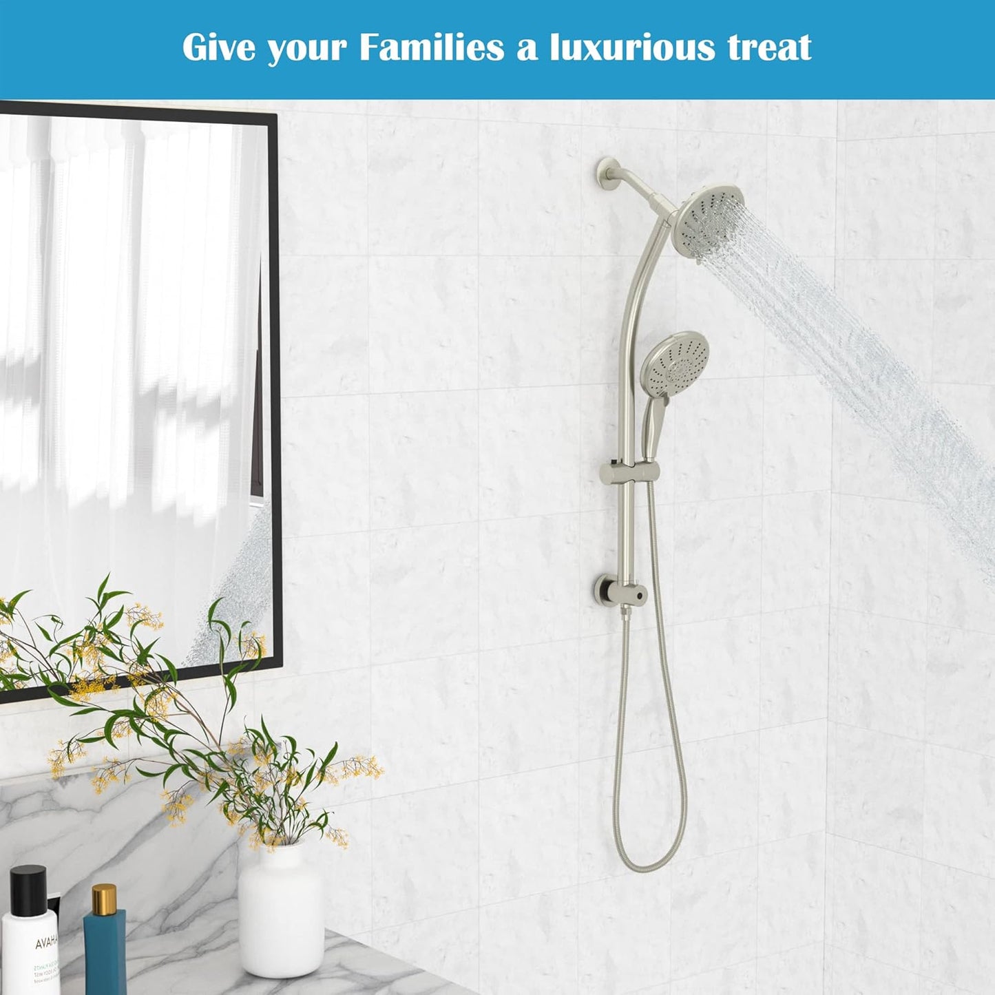 Lordear Rain Shower Head Combo with Handheld Spray 5-Setting Dual Rain Hotel Spa Shower System 3-Way Diverter Adjustable Sliding Bar Brushed Nickel from Lordear