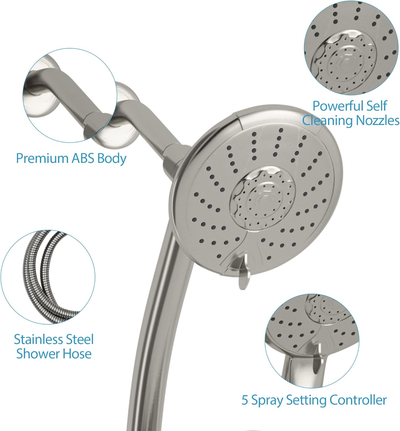 Lordear Rain Shower Head Combo with Handheld Spray 5-Setting Dual Rain Hotel Spa Shower System 3-Way Diverter Adjustable Sliding Bar Brushed Nickel from Lordear