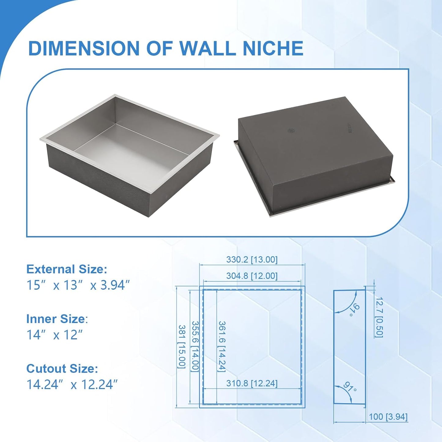 Lordear 14" x 12" Stainless Steel Bathroom Brushed Finish Rectangle Recessed Wall Niche from Lordear