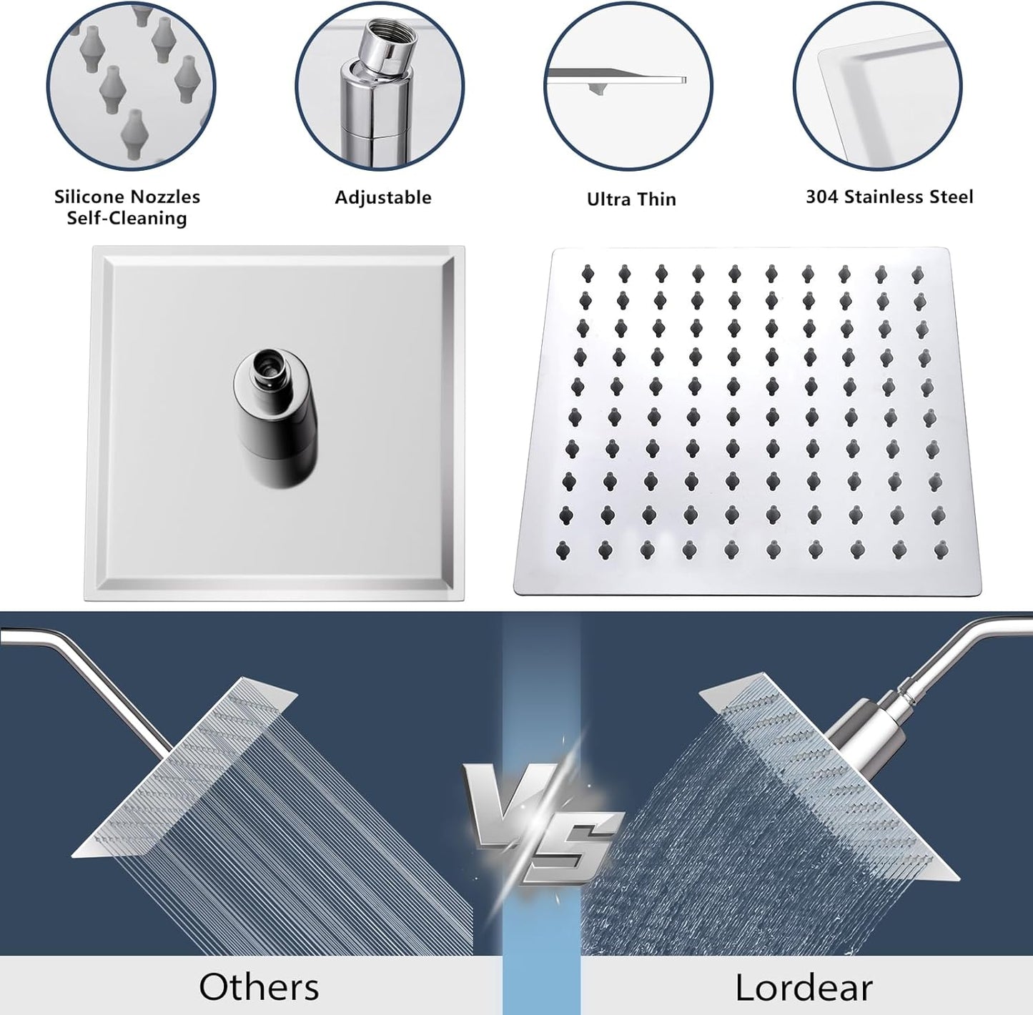 Lordear 8" Stainless Steel Square Wall Mounted Waterfall High Pressure Filtered Shower Head from Lordear