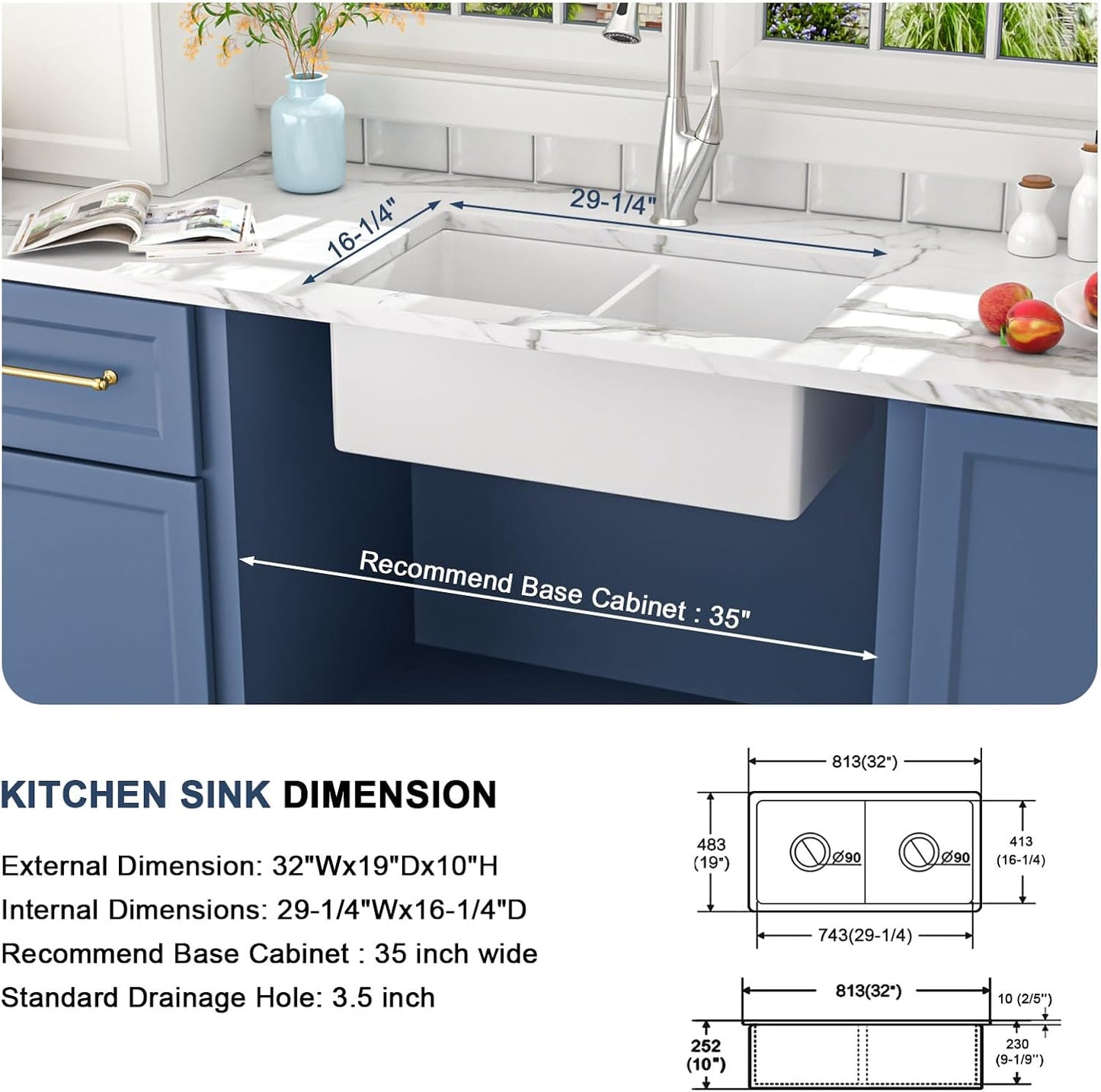 Lordear 32"x19" White Fireclay Porcelain Ceramic 50/50 Double Bowl Undermount Kitchen Sink from Lordear
