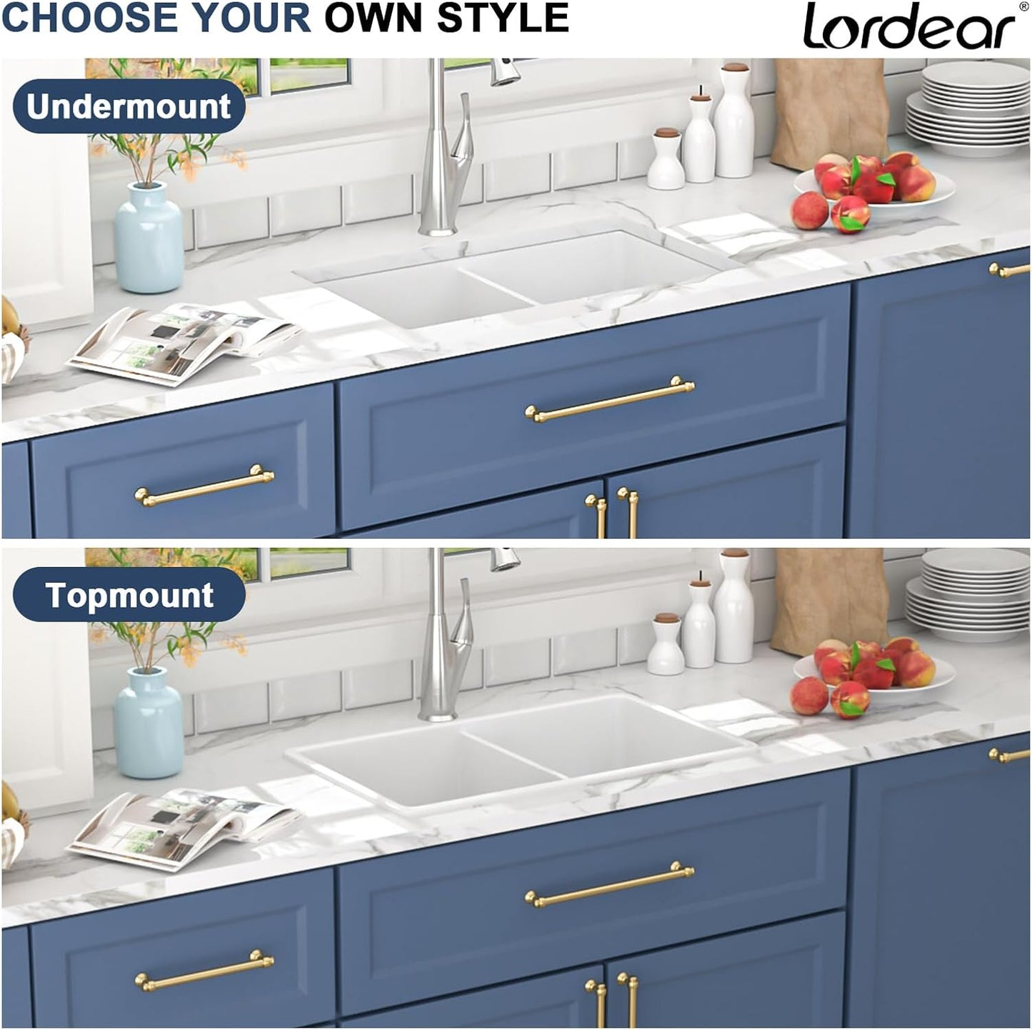 Lordear 32"x19" White Fireclay Porcelain Ceramic 50/50 Double Bowl Undermount Kitchen Sink from Lordear