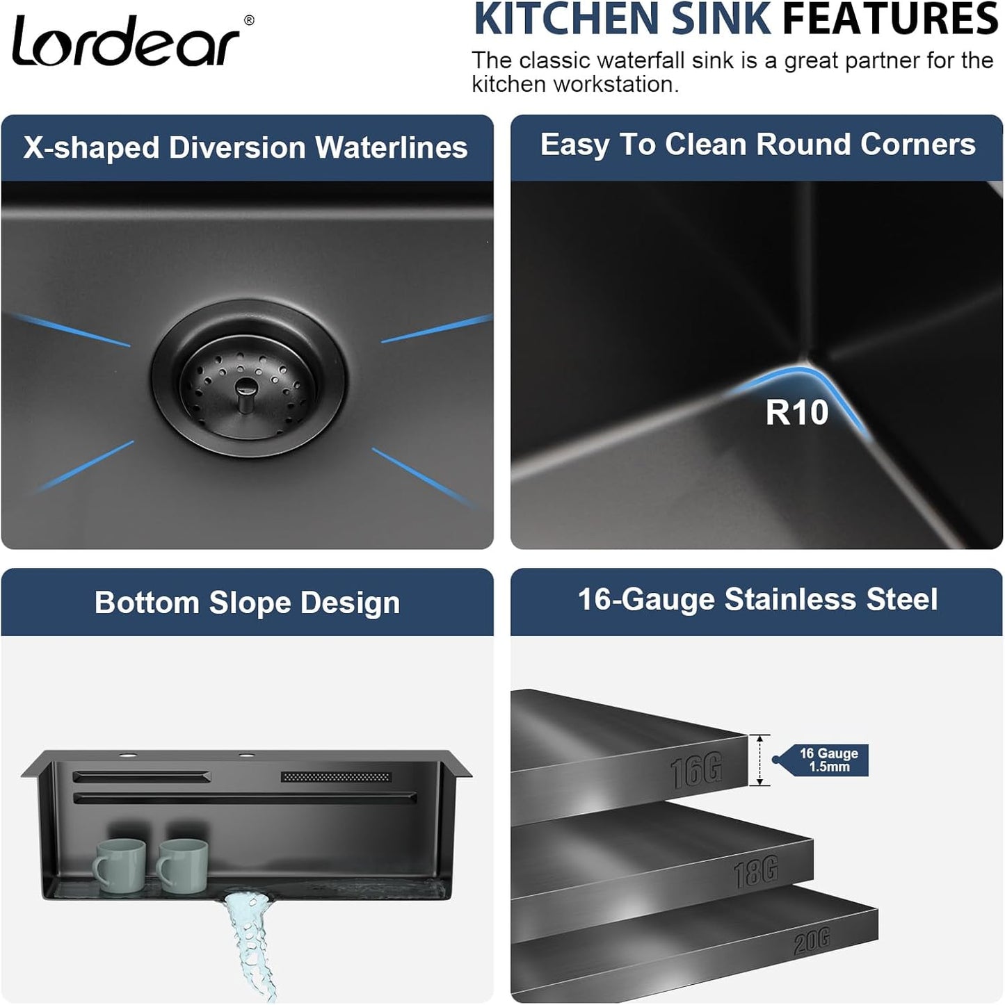Lordear 31 Drop Kitchen Sink with Faucet Combo - 31''x20'' Waterfall Kitchen Sink Workstation Gunmetal 16 Gauge Single Bowl Topmount Handmade Sinks with Pull Out Faucet from Lordear