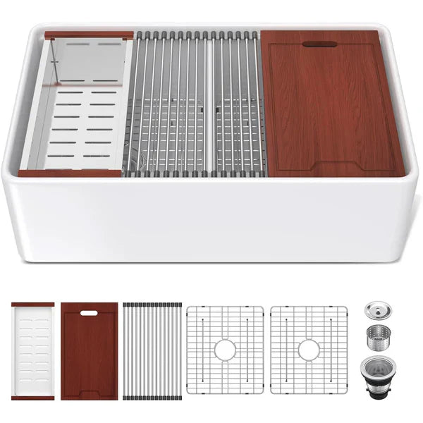 Lordear 33" White Ceramic Apron Front Farmhouse Workstation Kitchen Sinks from Lordear
