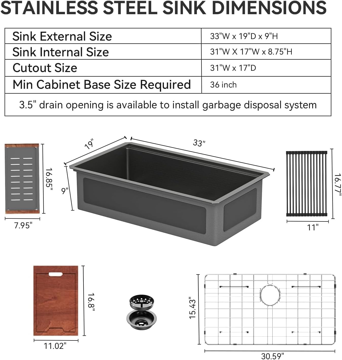 Lordear 33" Stainless Steel Honeycomb Nano Undermount Single Bowl Workstation Kitchen Sink from Lordear