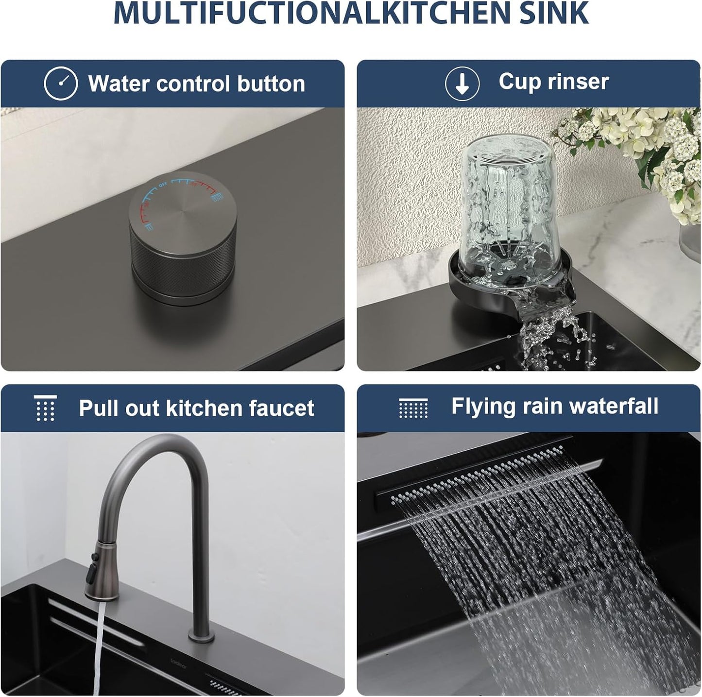 Lordear 31 Drop Kitchen Sink with Faucet Combo - 31''x20'' Waterfall Kitchen Sink Workstation Gunmetal 16 Gauge Single Bowl Topmount Handmade Sinks with Pull Out Faucet from Lordear