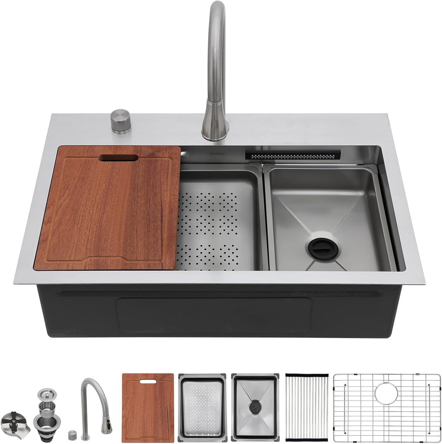 Lordear 31 Drop Kitchen Sink with Faucet Combo - 31''x20'' Waterfall Kitchen Sink Workstation Gunmetal 16 Gauge Single Bowl Topmount Handmade Sinks with Pull Out Faucet from Lordear