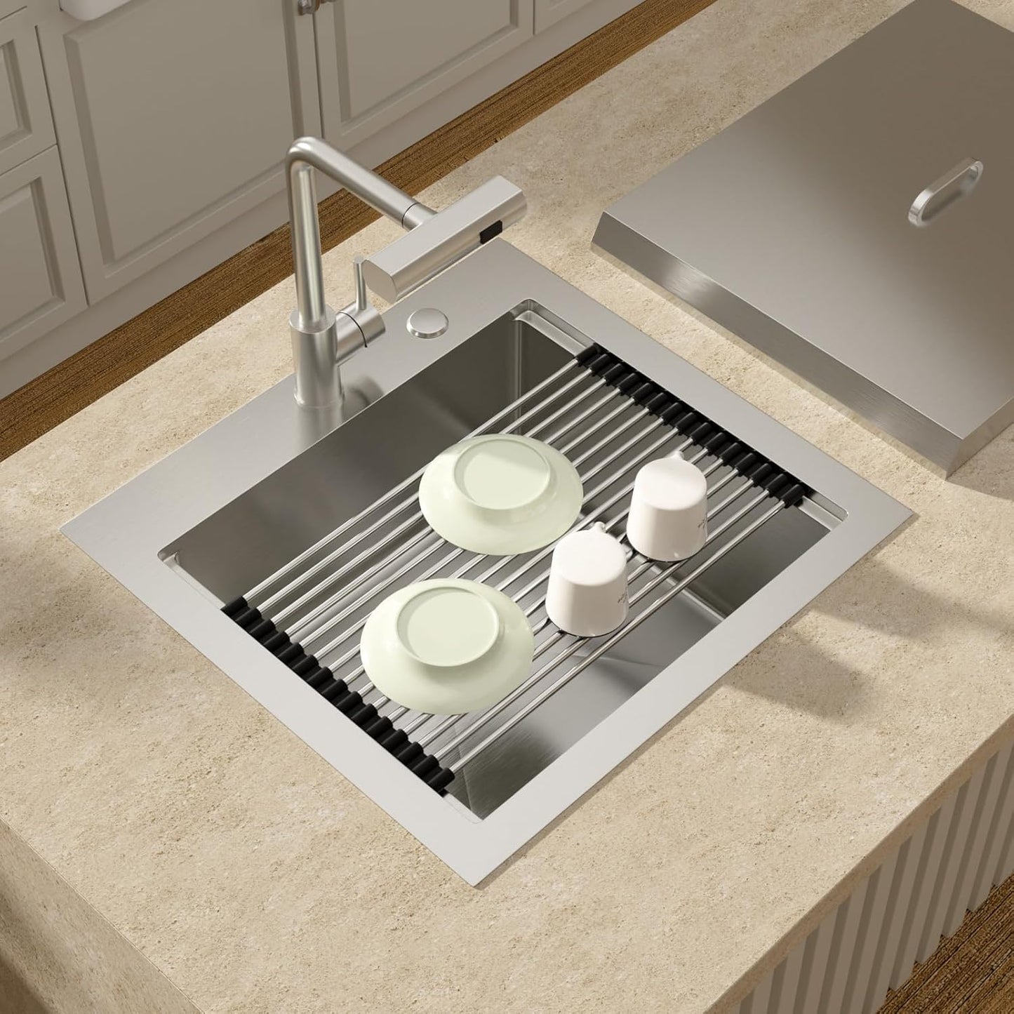 Lordear Drop In Outdoor Kitchen Sink Workstation with Pull-out Faucet 21'' x 20'' Bar Prep Sink 16 Gauge Stainless Steel Single Bowl Small Kitchen Camper Wet Bar Mobile Home RV Basin with Cover from Lordear