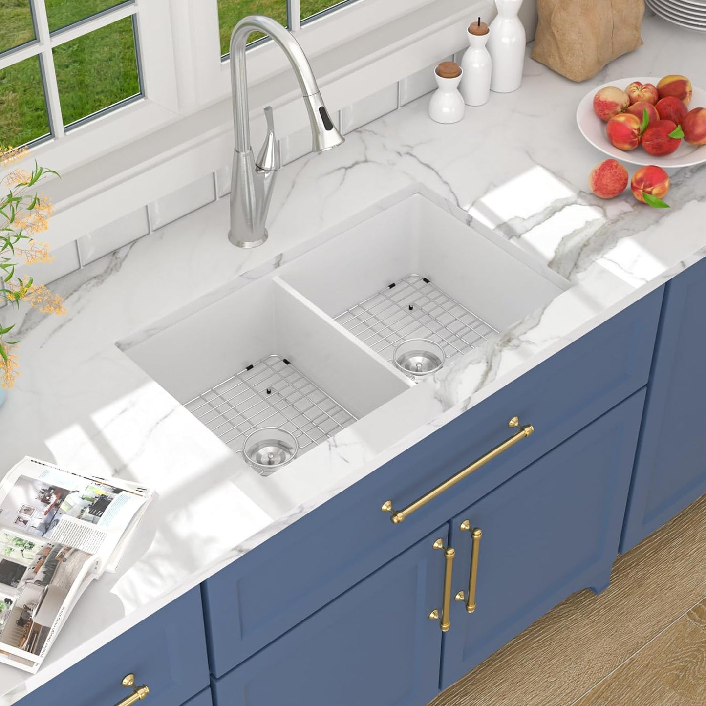Lordear 32"x19" White Fireclay Porcelain Ceramic 50/50 Double Bowl Undermount Kitchen Sink from Lordear
